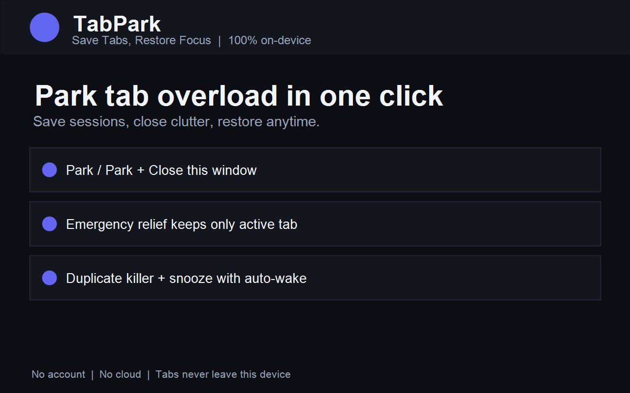 TabPark popup — park a window, emergency relief, duplicates and snooze